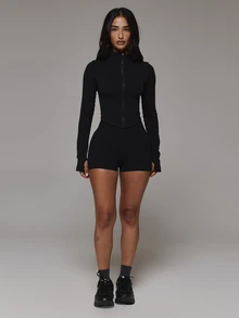 Musera Sport High Rise Ribbed Logo Back Seamless Scrunch Bum Mini Active Coord Shorts Only Sport Essentials Basics Autumn Fall Winter - Black - View 5