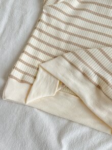 SHEIN Vintaside Kids 2件組男嬰幼兒運動衫+運動長褲套裝，可愛奶油卡其色熊圖案蝴蝶結條紋長袖圓領休閒戶外秋季連身衣假期裝 - 杏色 - 查看 7