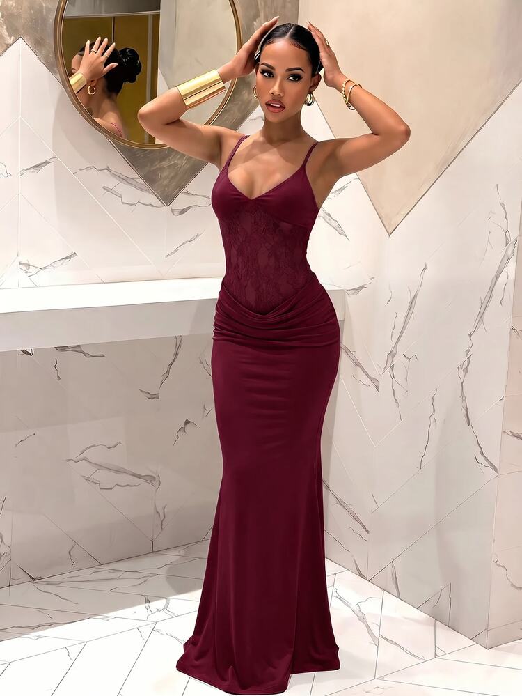 Slaydiva New Summer Party Elegant Vacation Mesh Patchwork Halter Neck Asymmetrical Deep V-Neck Water Green Blue Long Dress-A - Burgundy - View 3
