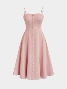 Sweetra Plus Size Women Solid Color Spaghetti Strap Dress And Long Sleeve Cardigan Set - Baby Pink - View 8