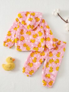 SHEIN Setelan Baju Terusan dan Celana Motif Bebek untuk Bayi Perempuan, Terdiri dari Kaos Hoodie dan Celana Panjang dengan Resleting Depan - Berwarna merah muda - View 2
