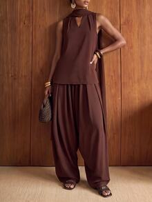Zivah Women's Solid Color Top And Long Pants Casual Daily Set - Rust Brown - View 8