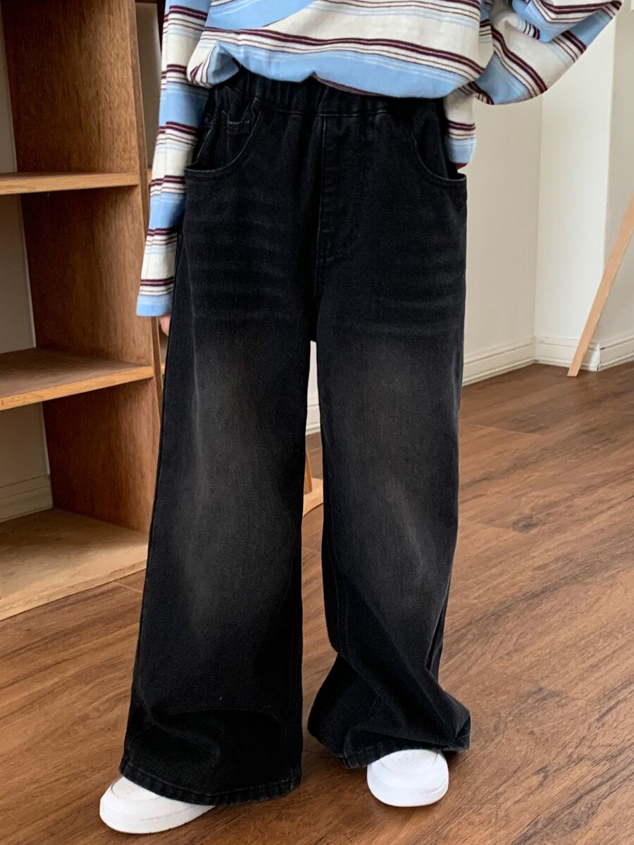 Dazy Kids 女童牛仔褲 春夏季新款 後口袋水鑽裝飾喇叭褲 大號 - 深灰色 - 查看 1