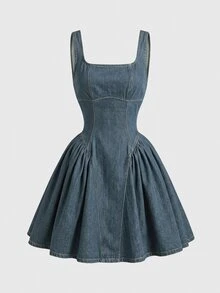 SHEIN MOD 女款方領收腰無袖牛仔洋裝 - 藍色 - 查看 1