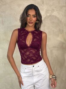 Aloruh ملابس علوية نسائية بتصميم دانتيل مفرغ مثيرة بدون أكمام ضيقة - عنابي اللون - مشاهدة 3