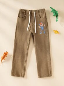 Blippi X SHEIN Young Boy Elastic Waist Drawstring Solid Color Denim Jeans - Apricot - View 2
