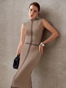 MOTF PREMIUM WOMEN'S STRIPED STAND COLLAR FITTED ELEGANT SLEEVELESS KNIT DRESS - Camel - View 5