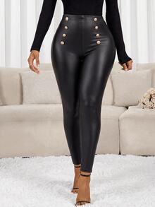 SHEIN Lady سروال ضيق أنيق للنساء بصفين من الأزرار المعدنية وخصر عالي للخريف والشتاء - الأسود - مشاهدة 4