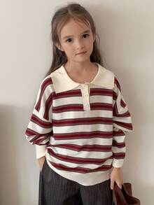 DAZY (Gadis Remaja) Sweater Longgar Berkerah Garis-garis Kasual Potongan Lurus Lengan Panjang Warna Kontras, Musim Gugur/Dingin - Aprikot - View 2
