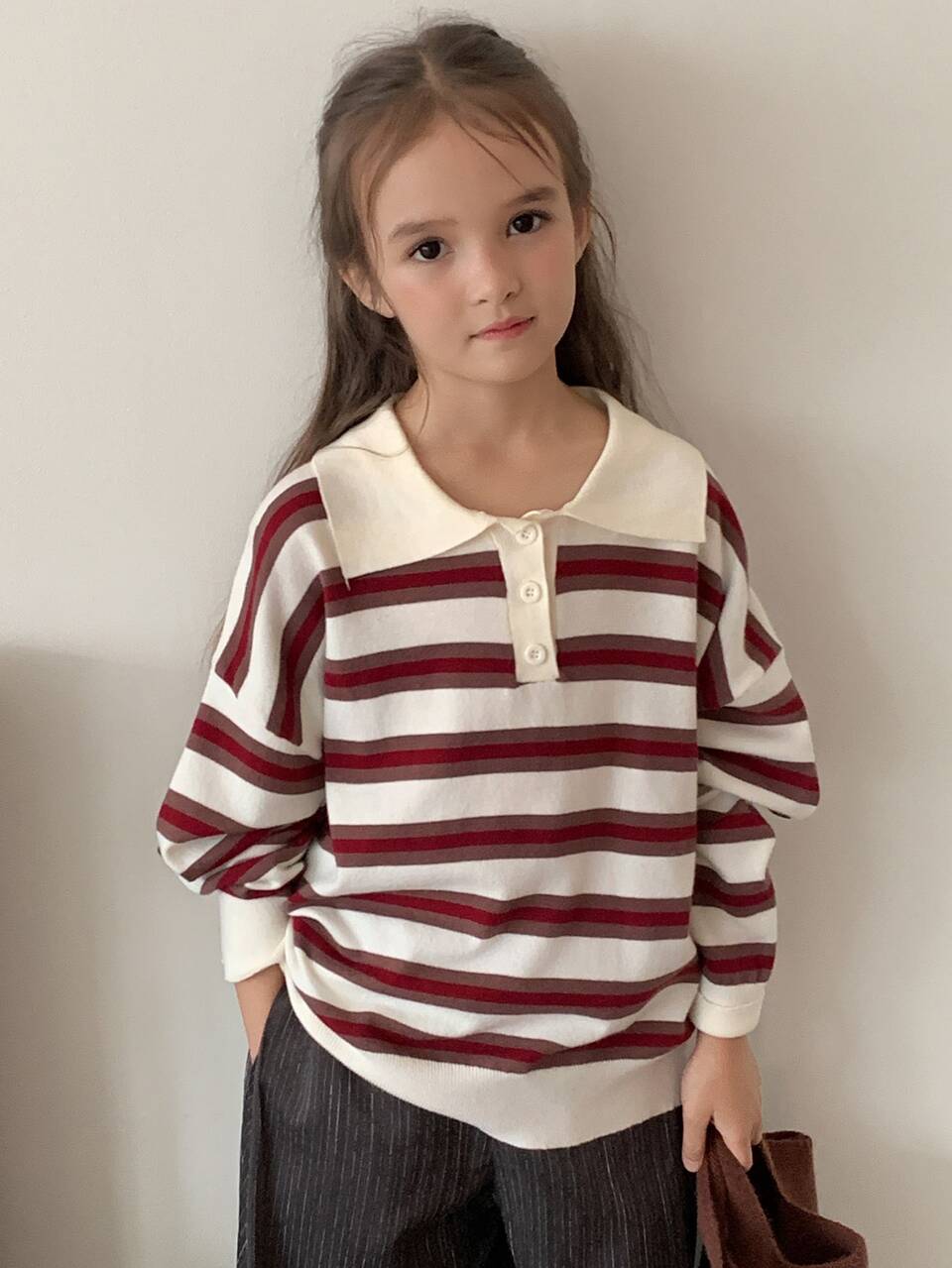 Tween Girl) Loose Fit Collared Striped Casual Straight Leg Long Sleeve Contrast Color Sweater, Autumn/Winter