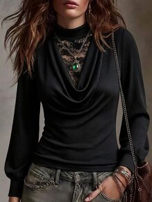 SHEIN Women's Sexy Round Neck Lace Patchwork Long Sleeve Fitted Business Office Casual Date Party Outing T-Shirt - Black - View 4