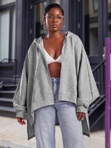 Slaydiva Plus Size Women's Hoodie, Grey Batwing Irregular Hem Plus Size Zip Up Cardigan Sweatshirt - Grey - View 2