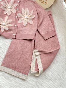 SHEIN 女嬰 3D 花朵裝飾長袖上衣與長褲針織套裝 - 淺粉色 - 查看 3