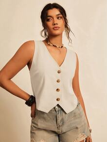 Freevana Plus Size Women Solid Color V-Neck Casual Everyday Vest Fall - Beige - View 3