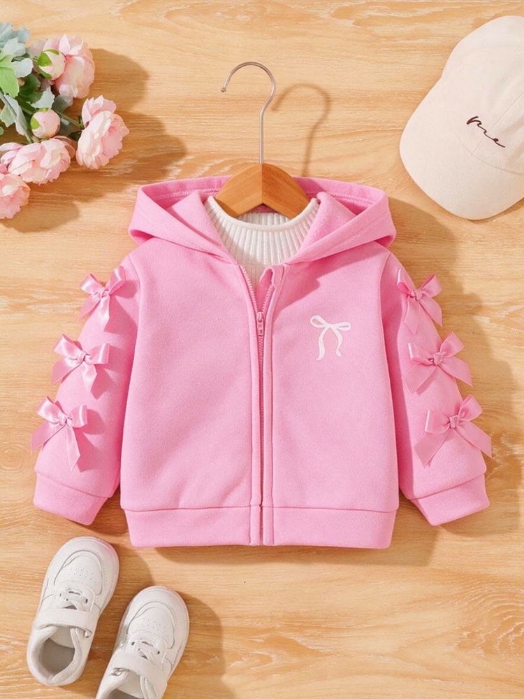 SHEIN 女嬰休閒純色抓絨連帽拉鍊外套，適合秋冬穿著 - 藕粉色 - 查看 5