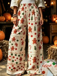 Selamara بنطلون طويل للنساء بخصر مطاطي وساق مستقيمة وطبعة رجل الزنجبيل بأسلوب كاجوال عصري - متعدد الألوان - مشاهدة 1