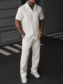 SLATEMANN 男士白色短袖襯衫與長褲套裝，適合萬聖節、聖誕節，最佳新年禮物 - 白色 - 查看 4