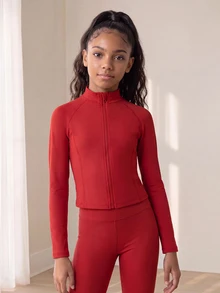 SHEIN 女童深紅色外套與長褲套裝，柔軟彈性面料，適合戶外活動、日常休閒、保守寬鬆風格、健身運動，秋季穿著 - 紅色 - 查看 5