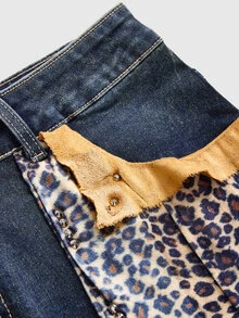 ROMWE J-Fashion Plus Size Y2K Vintage Leopard Print Faux Fur Patchwork Denim Mini Skirt - Blue - View 3