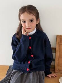 DAZY Kardigan Polos Warna Solid dengan Desain Hati dan Kancing untuk Anak Perempuan Tween, Leher Bulat, Lengan Panjang - Navy Blue - View 5