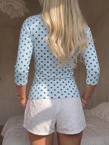 SHEIN EZwear 休閒極簡風 95% 棉 性感露肩復古波點 3/4 袖短袖 T-shirt，適合春夏，春夏穿搭顯白，夏季上衣，適合日常通勤、夏天、聖誕節、新年、感恩節、派對、婚禮、海灘、畢業典禮，時尚 - 彩色 - 查看 2