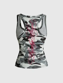 ROMWE Y2K Women's Vintage Sexy Hot Girl All-Match Versatile English Logo Embroidered U-Neck Five-Point Star Studded Camouflage Contrast Color Tank Top - Army Green - View 1