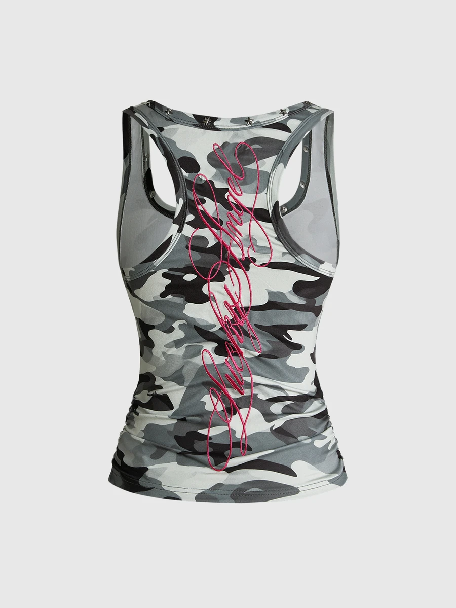 ROMWE Y2K Women's Vintage Sexy Hot Girl All-Match Versatile English Logo Embroidered U-Neck Five-Point Star Studded Camouflage Contrast Color Tank Top - Army Green - View 1