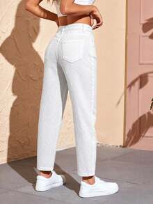 SHEIN PETITE Women's Casual Daily Denim Long Pants With Pockets And Buttons - White - View 3