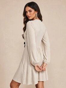 Amorya Women's Bow Decor Bubble Long Sleeve Elegant Midi Dress - Multicolor - View 2