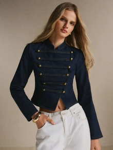 Poéselle Women's Cropped Stand Collar Denim Jacket With Gold Button Braid Detail, Military Inspired - Dark Wash - View 1