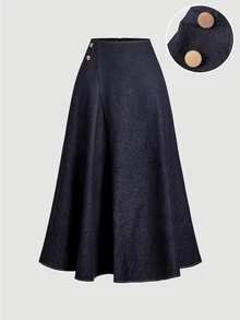 Sweetra Women's Casual Denim Long Skirt With Button Waist Design, Non-Elastic - Blue - View 1