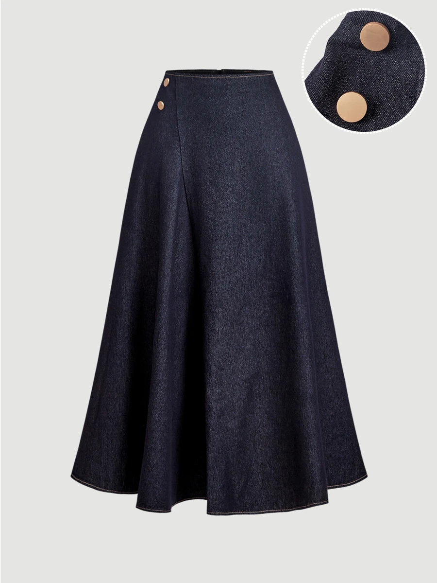 Sweetra Women's Casual Denim Long Skirt With Button Waist Design, Non-Elastic - Blue - View 1