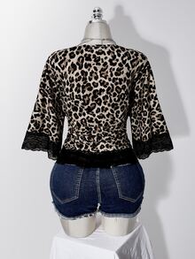 SHEIN ICON Women's Plus Size Leopard Print Contrast Lace V-Neck Fitted Top - Brown - View 2