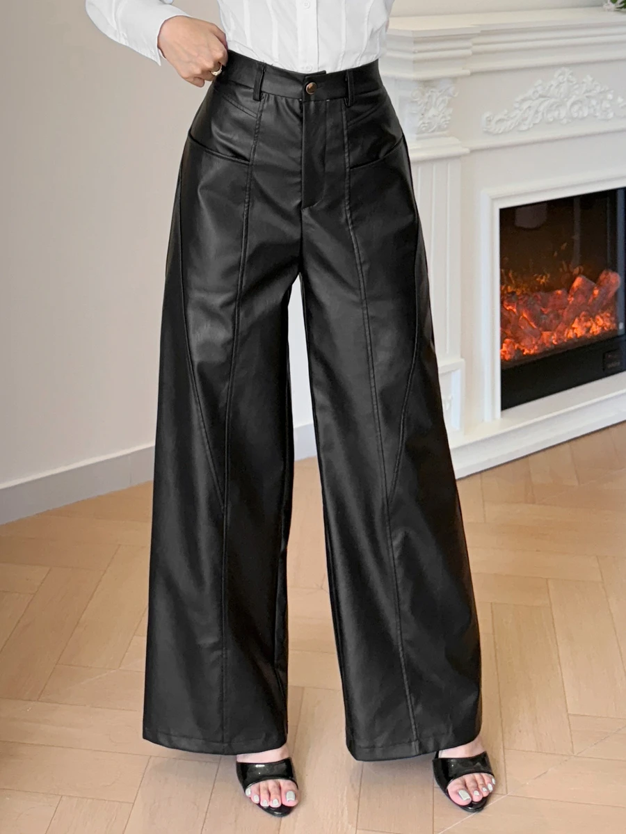 Modelyn Women's Solid Color High Waist PU Leather Wide Leg Loose Elegant Long Pants - Black - View 1