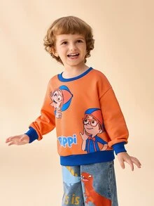Blippi X SHEIN 小男孩圓領長袖卡通印花運動衫 - 橘色 - 查看 5