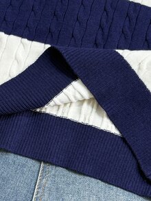 SHEIN 青少年女孩條紋拼接粗針編織V領燈籠袖寬鬆套頭毛衣，適合秋冬與戶外穿著 - 彩色 - 查看 6