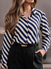 Elenzga Plus Size Elegant Diagonal Striped Satin Shirt Lapel Long Sleeve Silky Embroidery Blouse - Multicolor - View 5