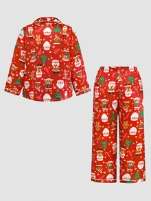 Chillnights Plus Size Women's Santa Claus Long Sleeve Single-Breasted Top And Pants Pajama Set - Red - View 2