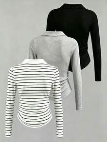 Lalippa 女款 POLO 領長袖 T 恤 3 件套，修身顯瘦休閒極簡風上衣，適合日常通勤穿著，春季/秋季新款女式長袖上衣 - 彩色 - 查看 2
