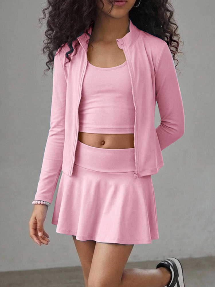 SHEIN Tween Girl Tween Girl Autumn/Winter Fashion Casual Solid Blue Long Sleeve Stand Collar Zip-Up T-Shirt Vest Mini Skort 3 Pieces Set Back To School - Pink - View 7