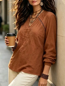 Linhara CURVE Women's Plus Size Faux Linen V-Neck Patchwork Lace Hollow Out Blouse Long Sleeve Loose Brown Shirt Fall - Brown - View 3