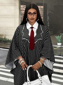 Mawevolt Preppy Style Youthful Mid-Length Blue & White Vertical Striped Loose Batwing Sleeve Shirt Dress Fall - Black and White - View 6