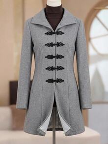 SHEIN Clasi Plus Size Women's Lapel Collar Solid Color Overcoat - Grey - View 7
