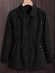 SHEIN LUNE Plus Size Casual Autumn/Winter Long Sleeve Lapel Metal Zipper Pocket Jacket - Black - View 9