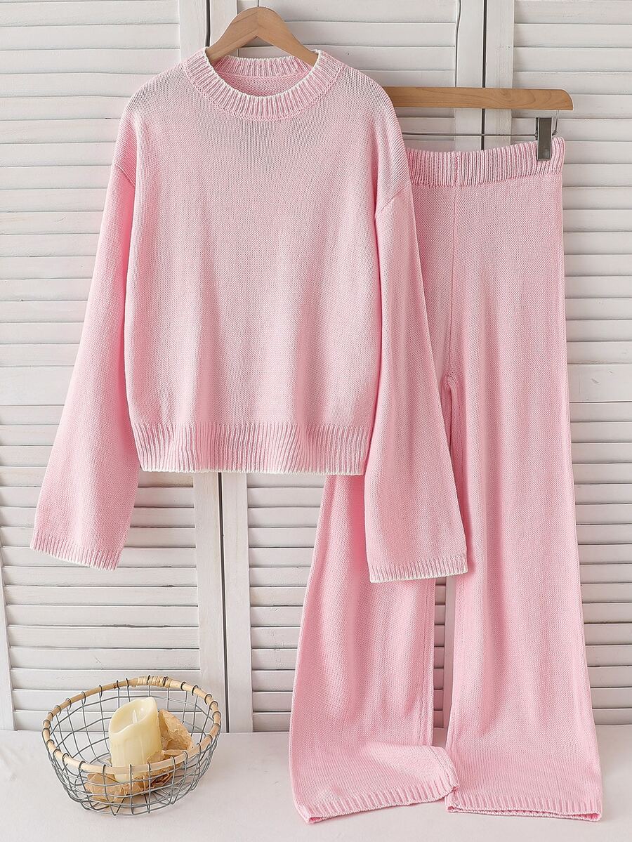 SHEIN 青少年女孩甜美休閒長袖毛衣與長褲套裝 - 粉色 - 查看 1