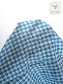 SHEIN PETITE Women's Spring/Autumn 2026 New Bohemian Vintage Blue Plaid Loose Lantern Balloon Pants, Cropped Length, Cotton Blend Textured Bubble Plaid Fabric; Elastic Waist Design Fits Various Body Types, Loose Lantern Silhouette Casual And Relaxed, Rolled Hem Cuffs Add Detail And Layering, Suitable For Daily Wear, Casual Outfits, Lazy Vacation - Blue - View 6