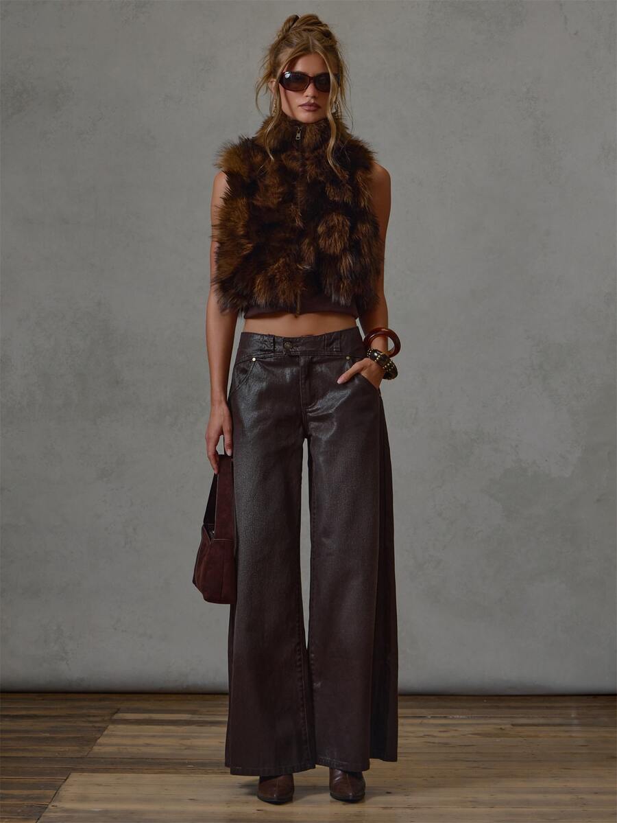 MUSERA Celana Jeans Denim Model Longgar Berpinggang Rendah dengan Efek Vintage, Cocok untuk Musim Gugur dan Musim Dingin, Sehari-hari, Kasual, Kembali ke Sekolah. - Coklat - View 1