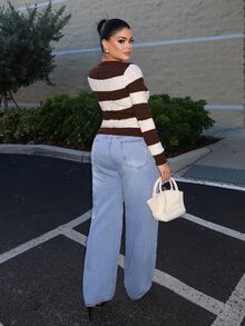 SHEIN SXY Women's V-Neck Long Sleeve Contrast Color Striped Casual Sweater - Multicolor - View 2