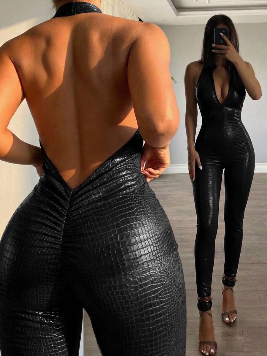 SHEIN SXY 女款掛脖V領性感修身拉鍊連身褲 - 黑色 - 查看 1