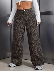 SHEIN Tall CURVE Plus Size Women's Button Leopard Print Casual Daily Wear Denim Jeans - Multicolor - View 3